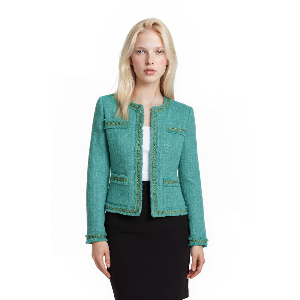 Boston Proper‎ Blazer Women's Size 14 Teal Gold Tweed Chain Fringe Open Jacket